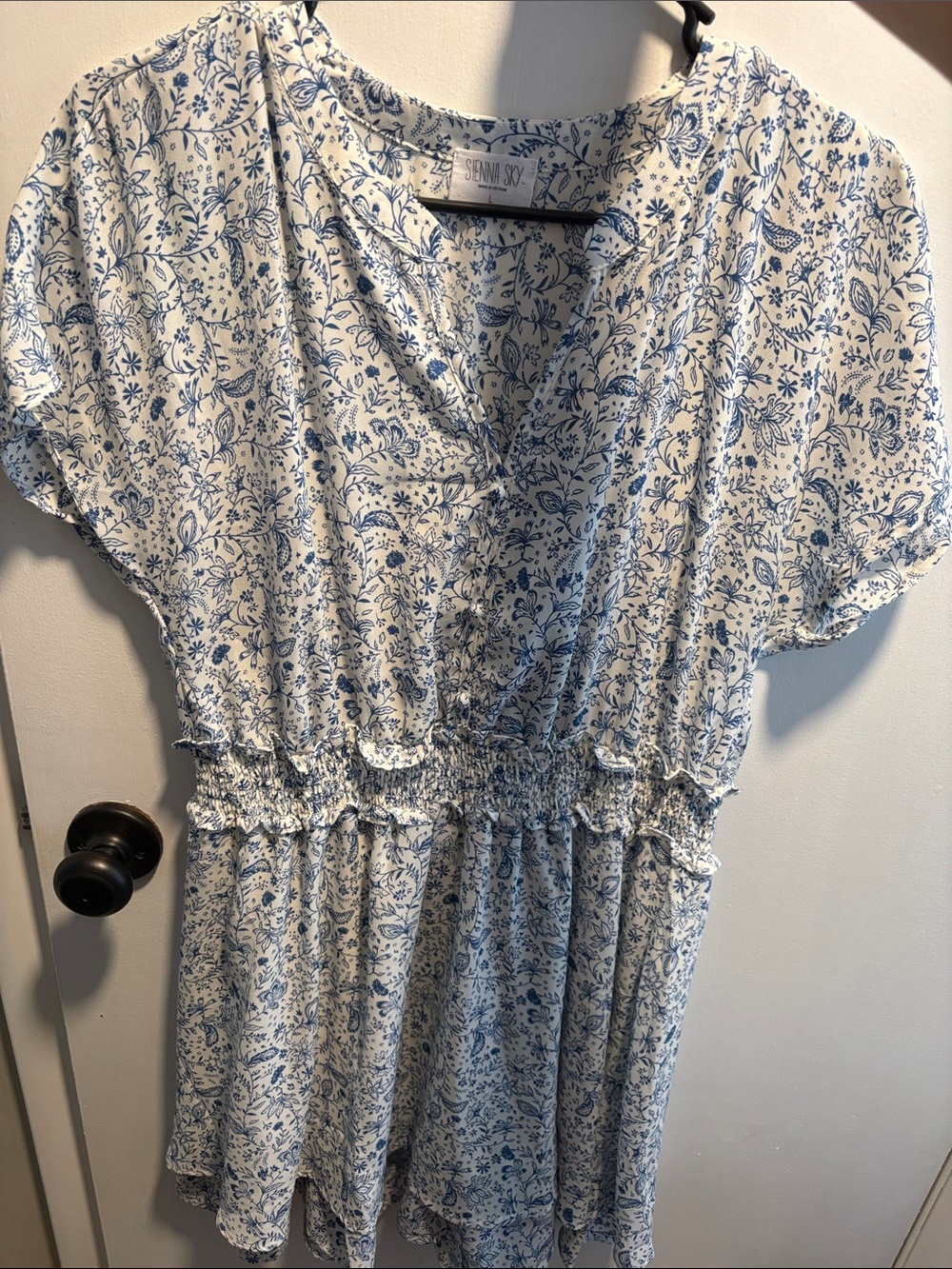 Sienna Sky White and Blue Floral Smocked Waist Mini Dress